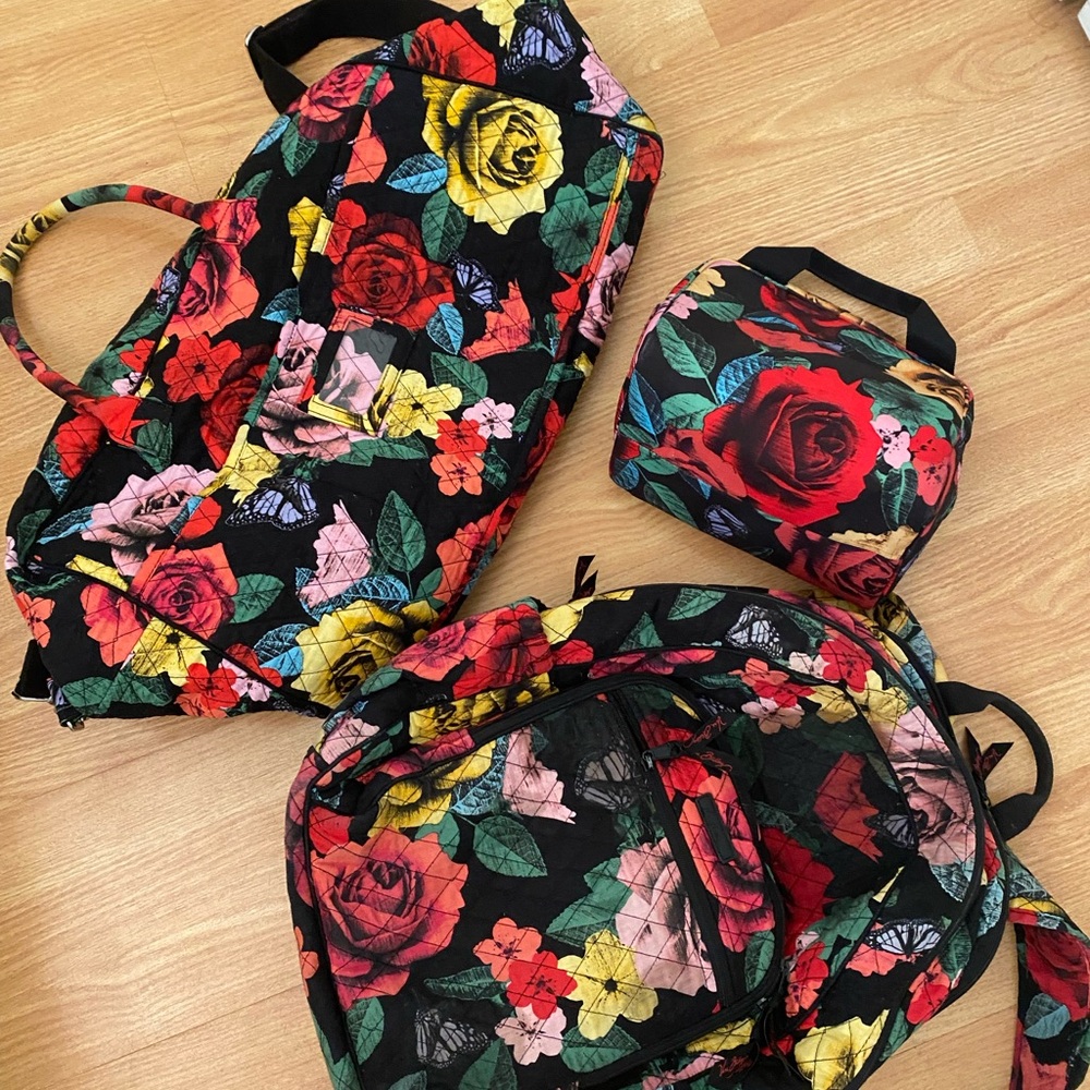 Vera Bradley Floral Travel 3 Piece Set Backpack,duffle bag, cosmetic lunch bag